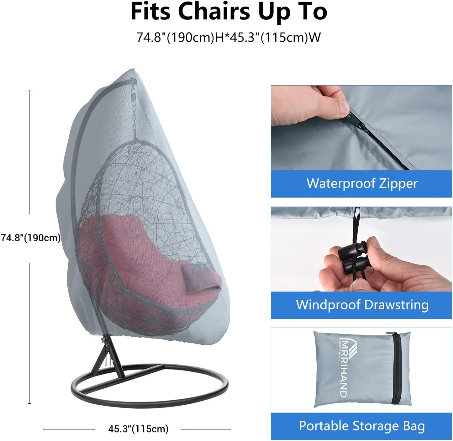 Mrrihand cover hammock chair waterproof with large air outlet 190x115cm, grey protective cover hammock chair with zipper and drawstring, anti-UV tear-resistant Oxford fabric