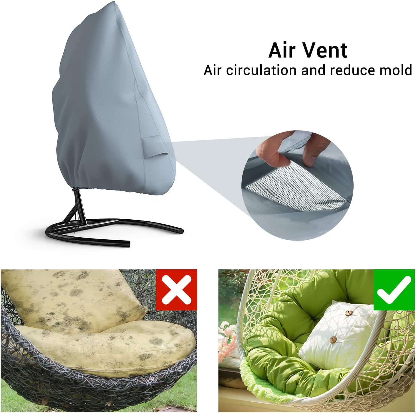 Mrrihand cover hammock chair waterproof with large air outlet 190x115cm, grey protective cover hammock chair with zipper and drawstring, anti-UV tear-resistant Oxford fabric