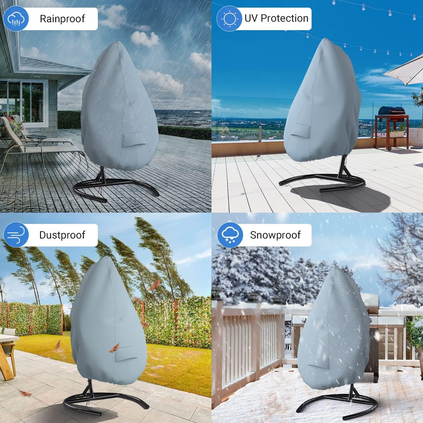 Mrrihand cover hammock chair waterproof with large air outlet 190x115cm, grey protective cover hammock chair with zipper and drawstring, anti-UV tear-resistant Oxford fabric