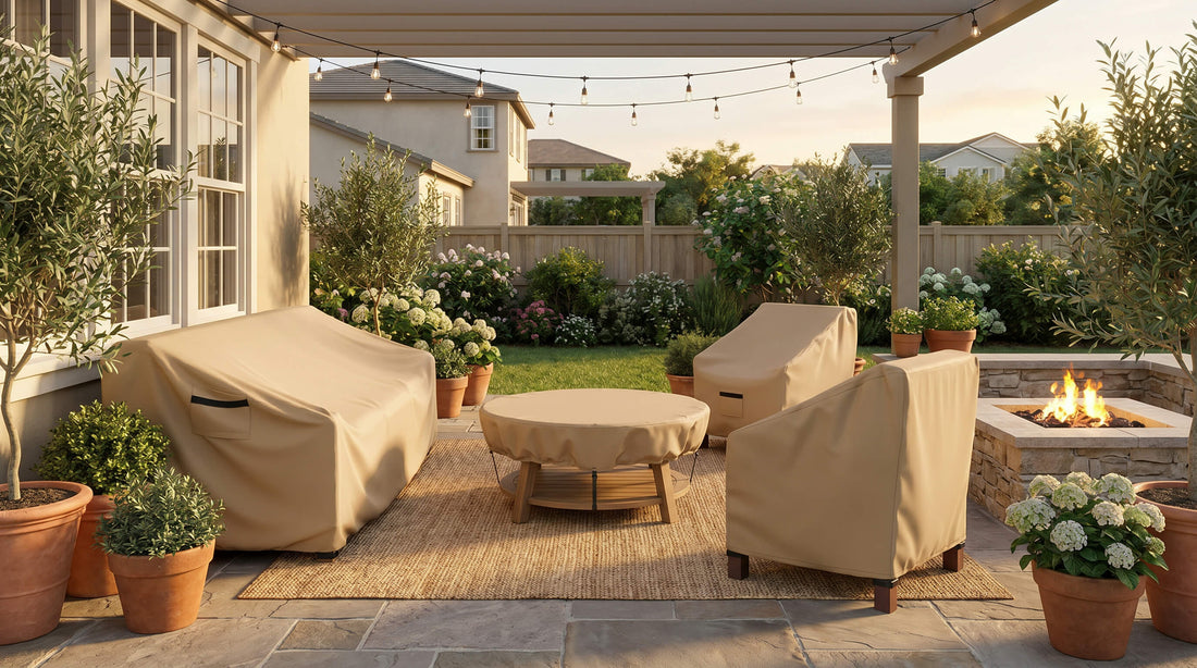 Modern backyard patio with beige patio furniture covers protecting an outdoor sofa set